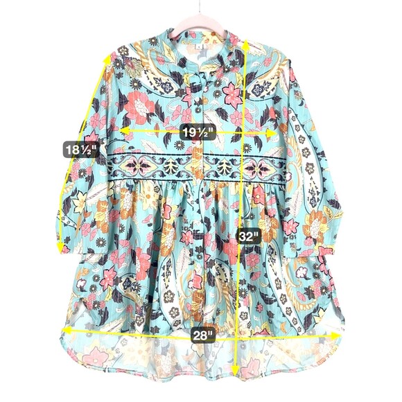 Boho Floral Paisley Tunic Blouse Womens SZ L Turquoise High neck High Low Hem - Picture 3 of 9